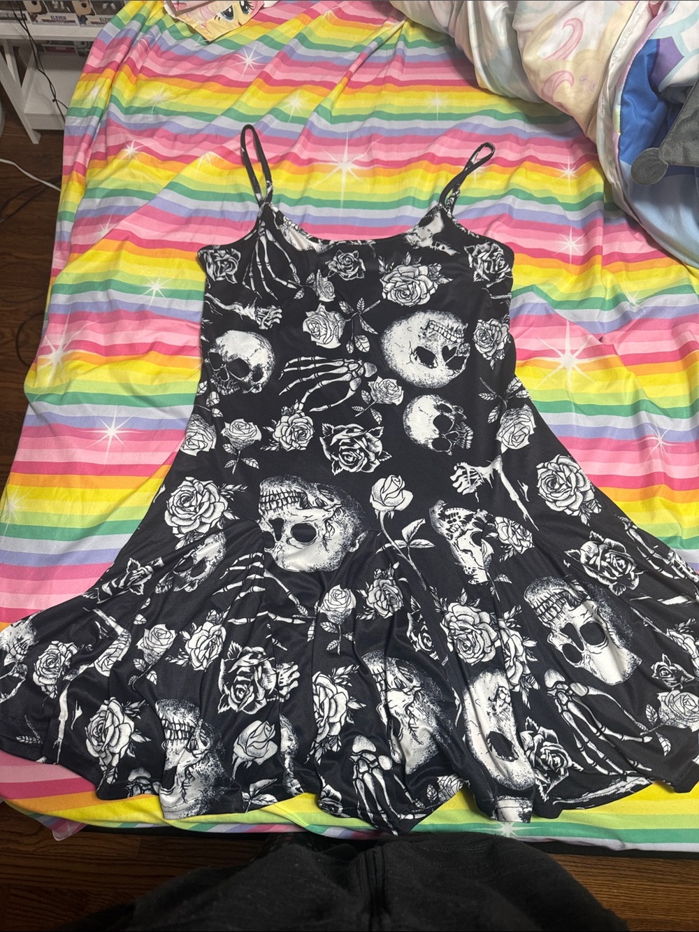 Girls' Black Skull & Rose Print Dress